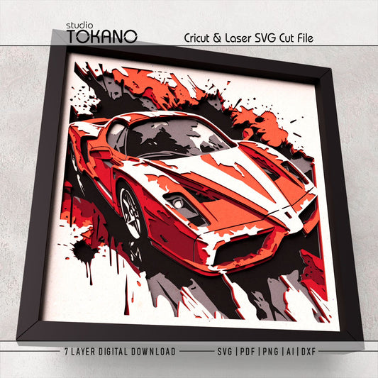 Finished LaFerrari layered papercut design shown as framed supercar wall art for garage decor, man cave decor, and automotive crafts.
