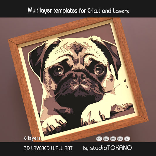 Pug Shadow Box SVG | Cute Dog Portrait 6 layer Cut File | Cricut & Laser