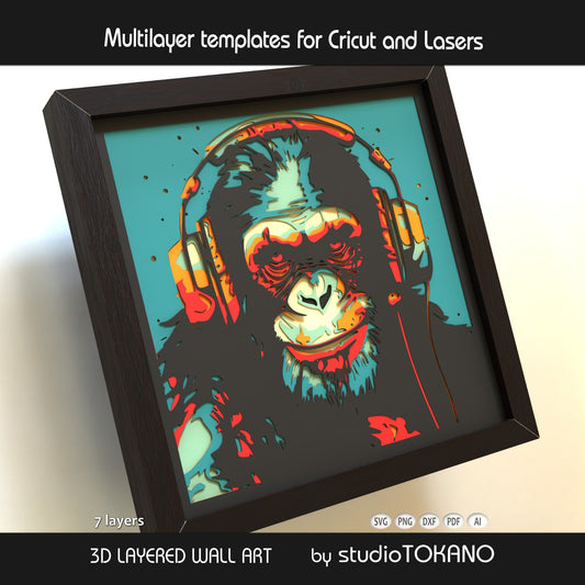 Music chimp layered SVG shadow box with headphones, stacked cardstock layers, and bold dimensional 3D depth.