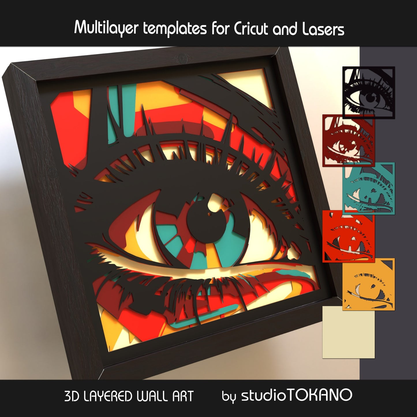 Eye shadow box SVG shown as finished 6-layer 3D layered papercut wall art in cardstock for Cricut and laser cutting.