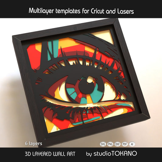 Angled view of the Eye layered SVG shadow box showing bold iris detail, stacked cardstock layers, and dimensional 3D depth.