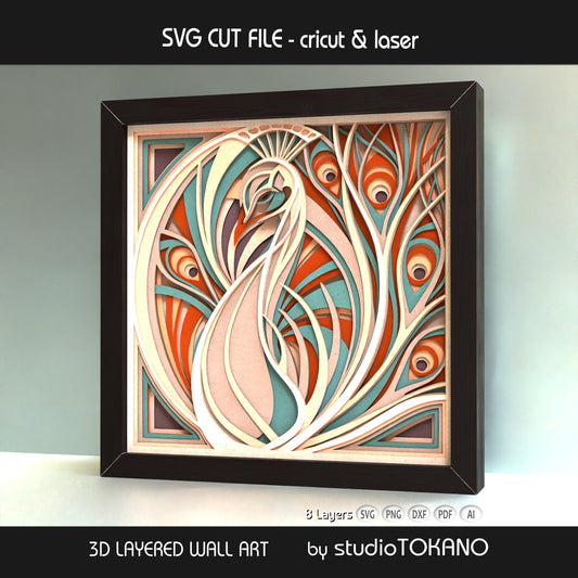 Angled view of the Peacock layered SVG shadow box showing depth, stacked cardstock layers, and flowing art nouveau detail.