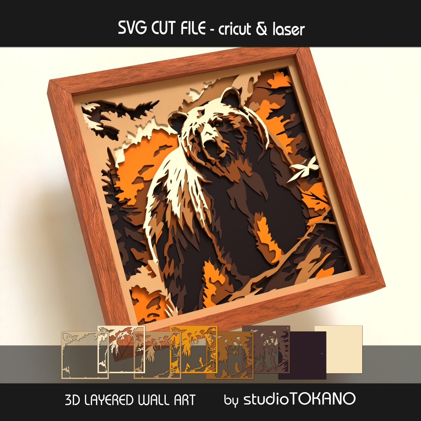 Grizzly bear shadow box SVG shown as finished 3D layered papercut wall art with a realistic forest wildlife theme for Cricut and laser cutting.