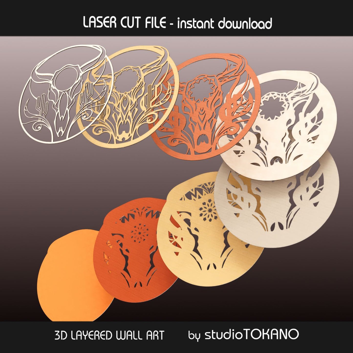 Cow skull layered laser cut file layer guide showing the separate wall art layers and color arrangement for Glowforge, xTool, and laser cutter assembly.