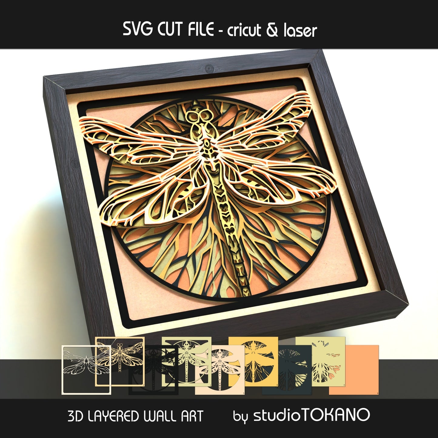 Dragonfly shadow box SVG layer guide showing the separate papercut layers and color arrangement for Cricut and laser cut assembly.
