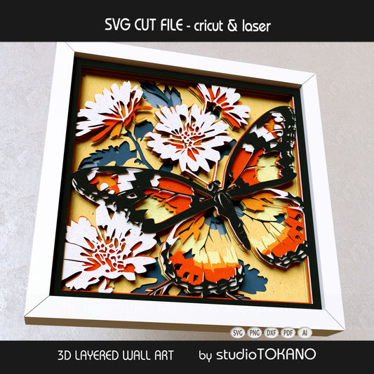 Floral monarch butterfly shadow box SVG shown as 3D layered paper art for Cricut cardstock projects and laser cutting.