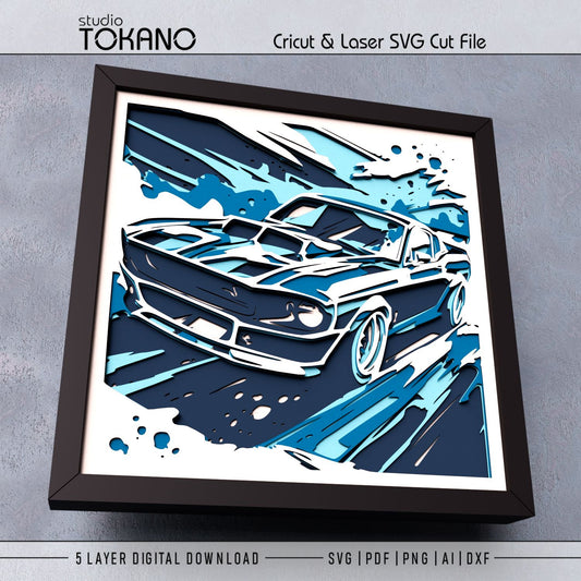Classic Mustang shadow box SVG shown as finished 3D layered papercut wall art with a modern muscle car look for Cricut and laser cutting.