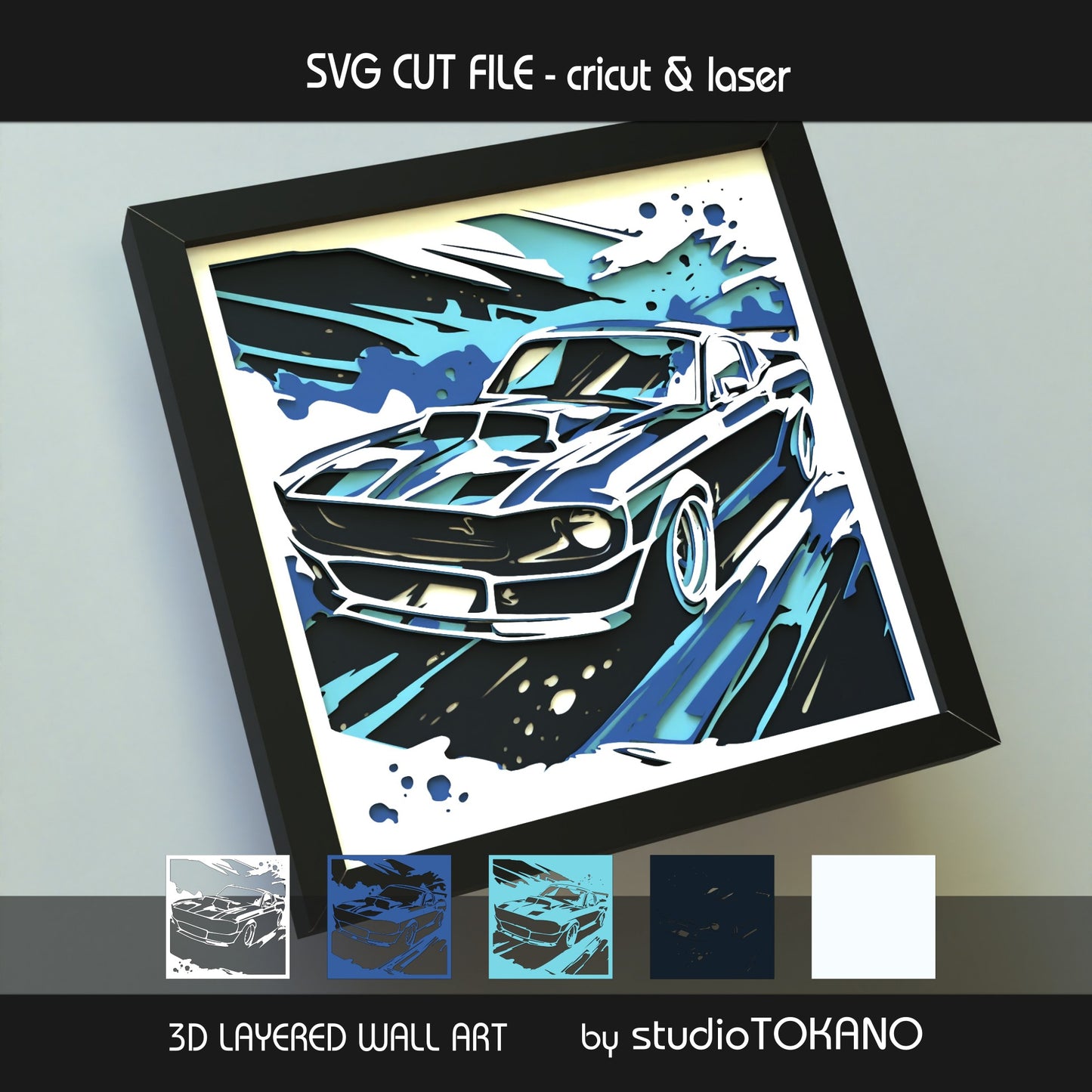 Classic sports car papercut SVG design shown as framed multilayer wall art for car lovers, garage decor, Cricut, Glowforge, xTool, and laser cutters.
