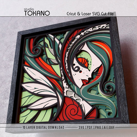 Woodland fairy 3D layered shadow box art designed as a Cricut, Silhouette, Glowforge, and xTool cut file.
