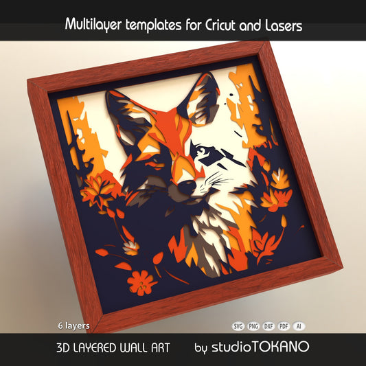 Close-up of the fox layered SVG design showing detailed animal shapes, stacked cardstock depth, and clean 6-layer construction.
