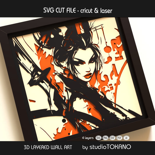 Framed geisha warrior layered SVG artwork presented as 3D paper cut wall decor for Cricut and laser cutting projects.