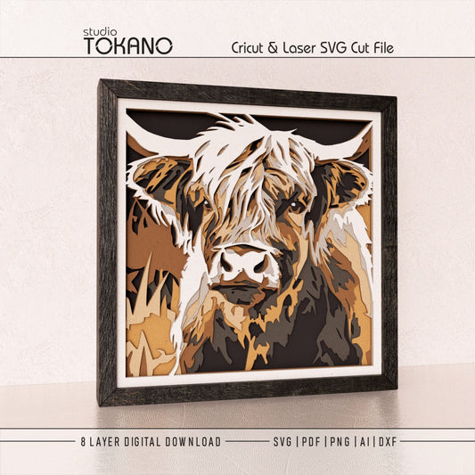 Highland cow 3D layered shadow box art designed as a Cricut, Silhouette, Glowforge, and xTool cut file.