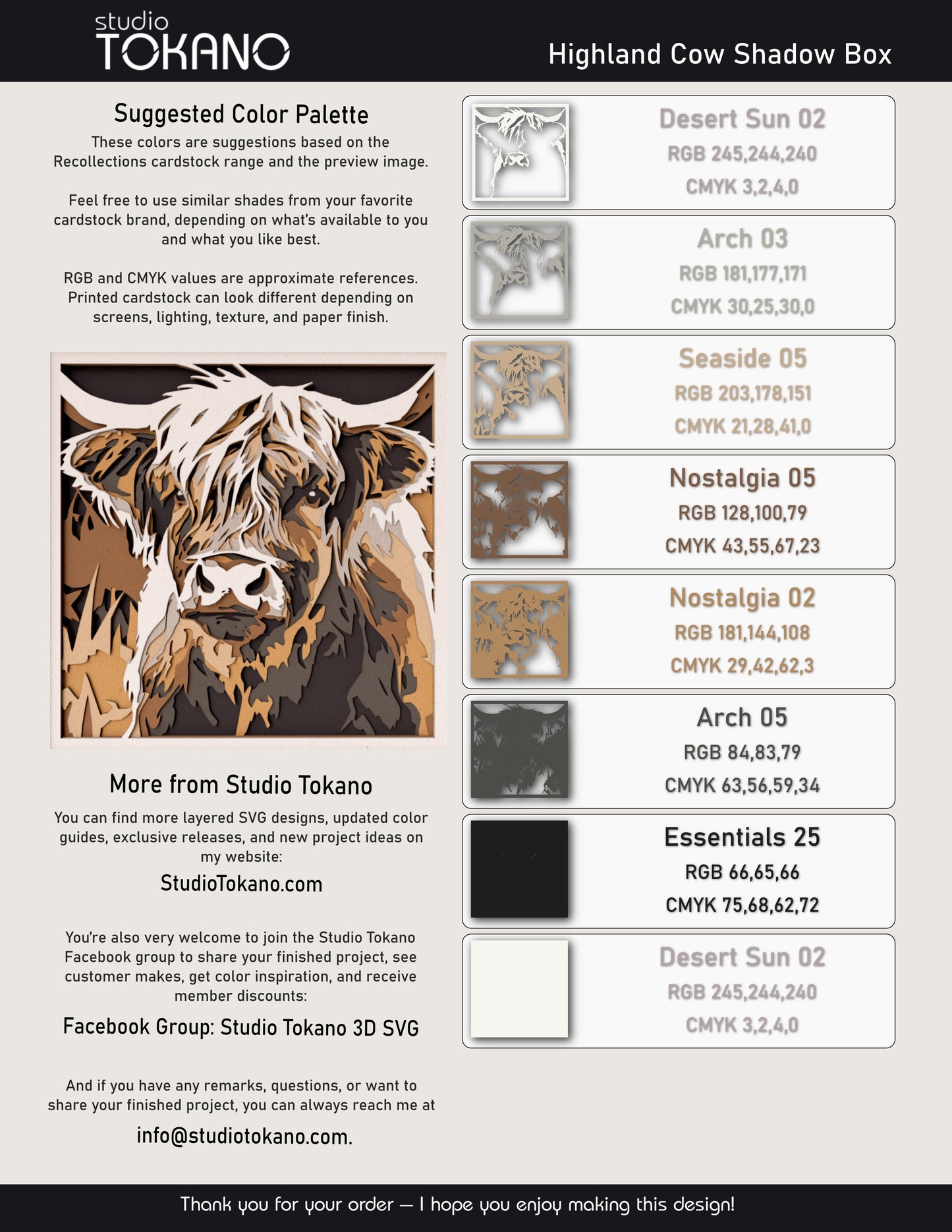 Highland cow shadow box SVG layer guide showing the separate papercut layers and color arrangement for Cricut and laser cut assembly.