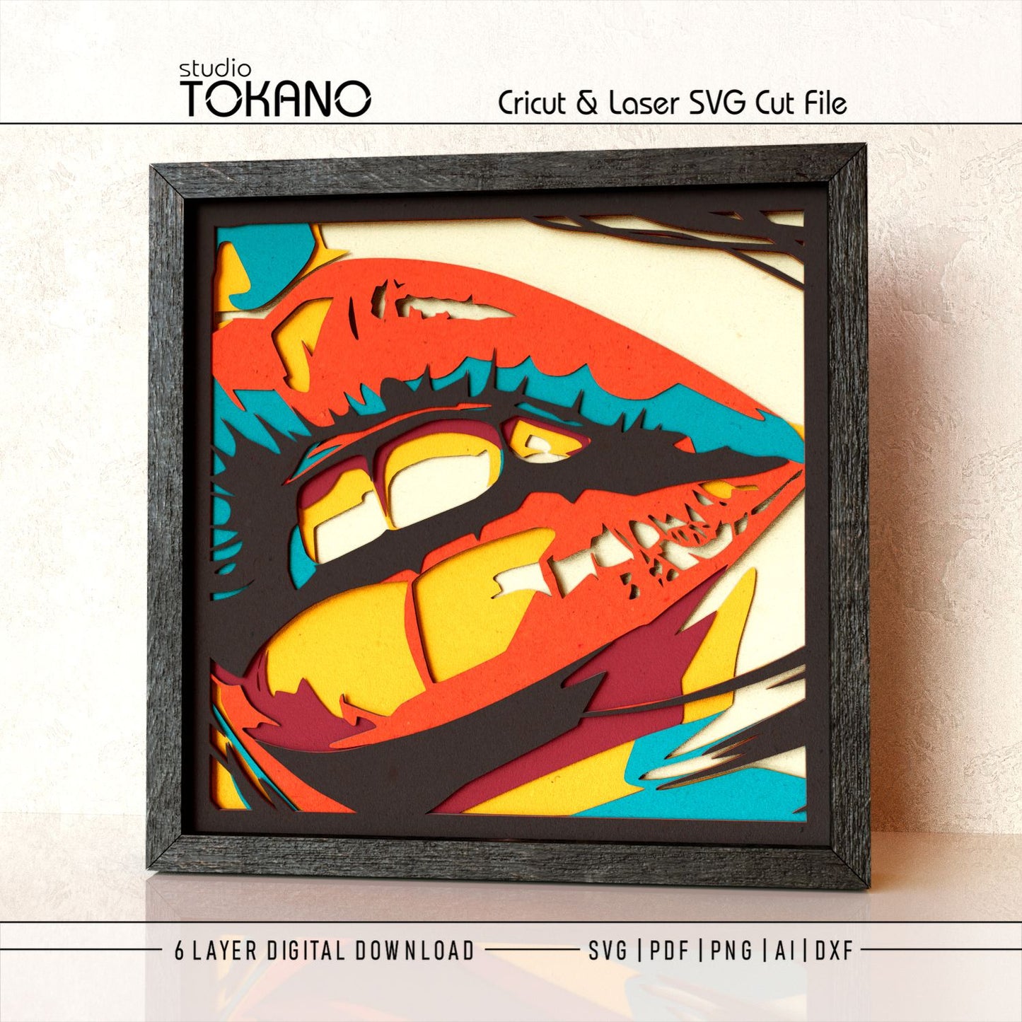 Lips shadow box SVG displayed as framed 6-layer pop art wall art in bright cardstock colors for Cricut and laser cutting.