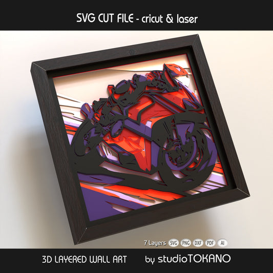 Motorcycle layered shadow box shown from another angle to emphasize the sport bike silhouette and bold graphic composition.