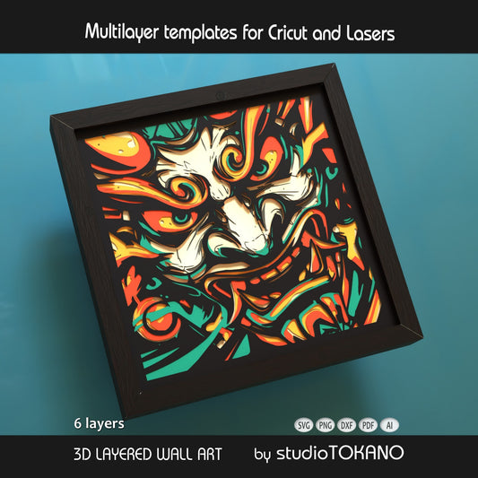 Oni Mask shadow box SVG shown as dramatic wall decor for Cricut, Silhouette, Glowforge, and xTool projects.