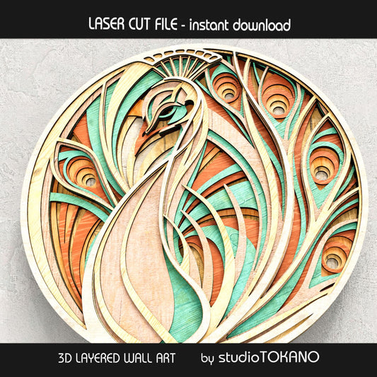 Peacock layered wood wall art shown from an angled view, highlighting the laser cut layers, warm material texture, and elegant boho decor style.