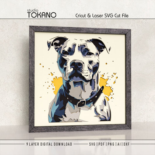 Pitbull shadow box SVG displayed as framed 9-layer dog wall art for Cricut and laser cutting.