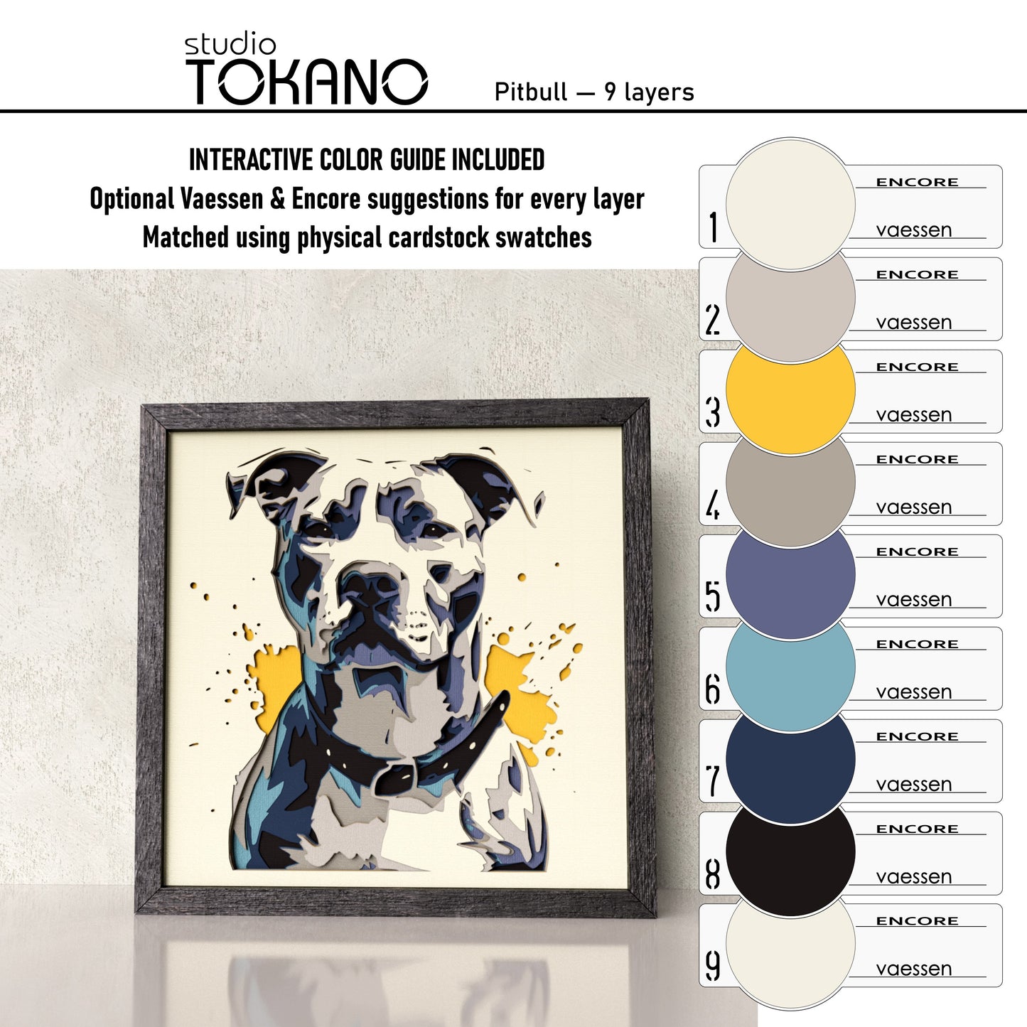 Pitbull shadow box SVG layer guide showing the separate papercut layers and color arrangement for Cricut and laser cut assembly.