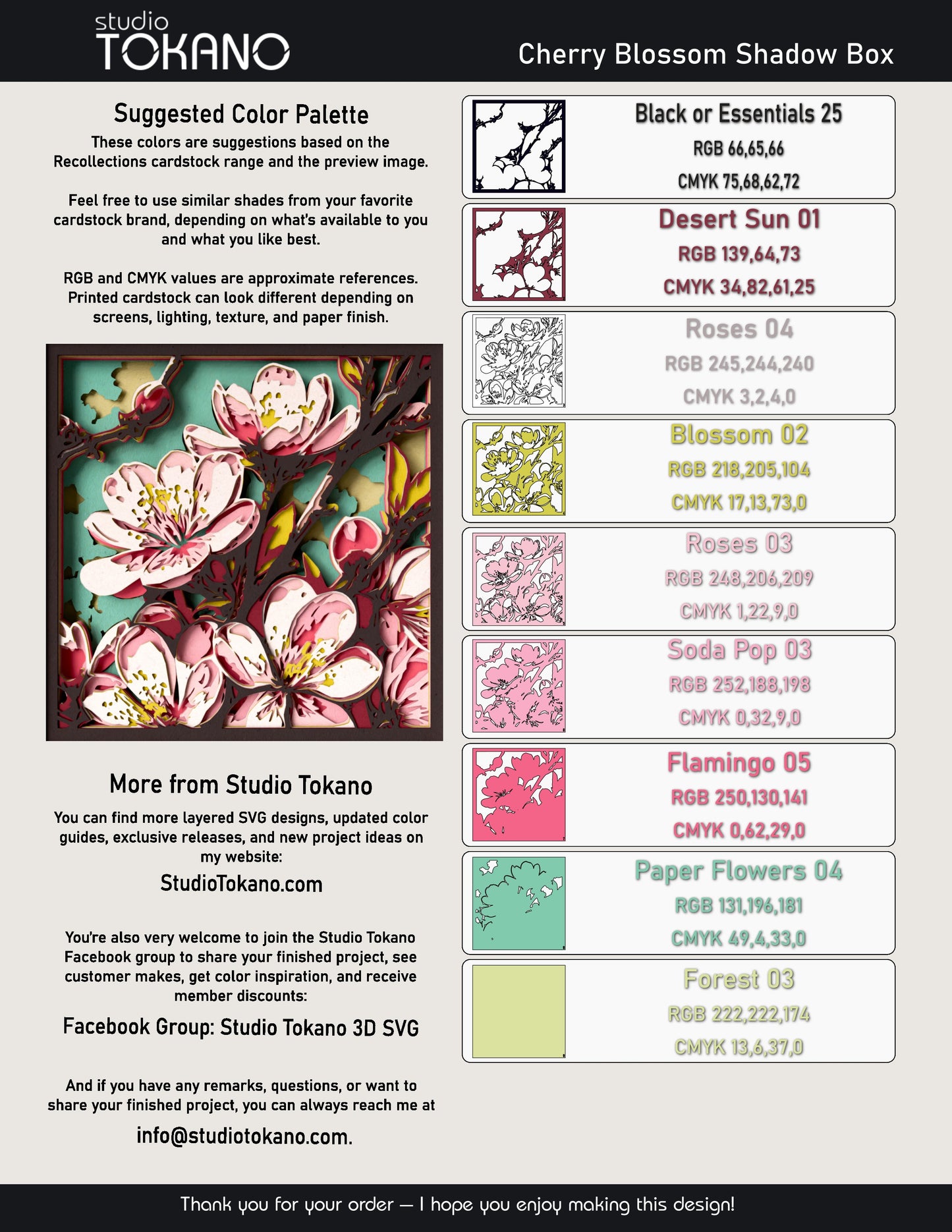 Cherry blossom shadow box SVG layer guide showing the separate papercut layers and color arrangement for Cricut, Silhouette, Glowforge, and xTool assembly.