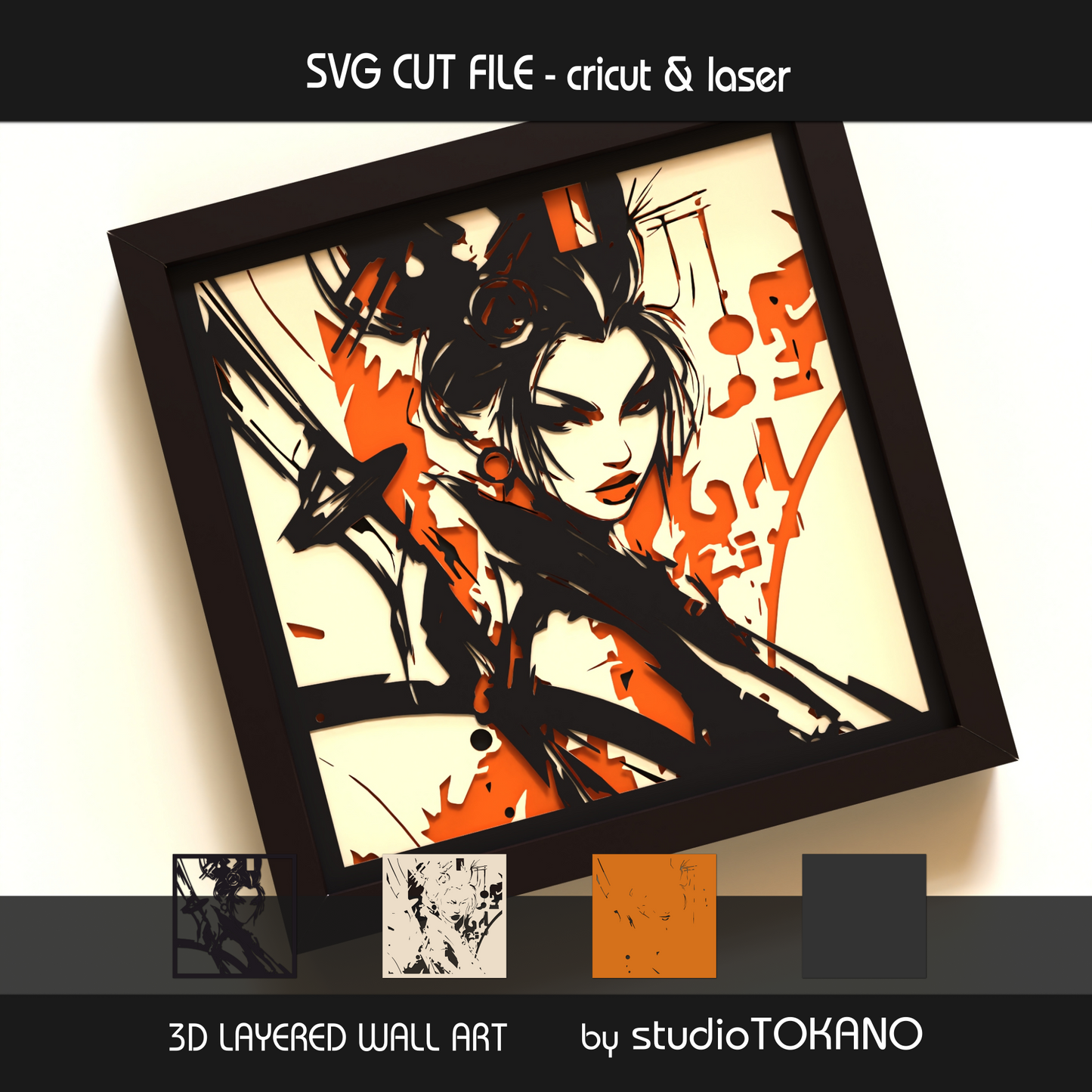 Warrior geisha papercut shadow box design shown as layered Japanese-style wall art in a framed square format.