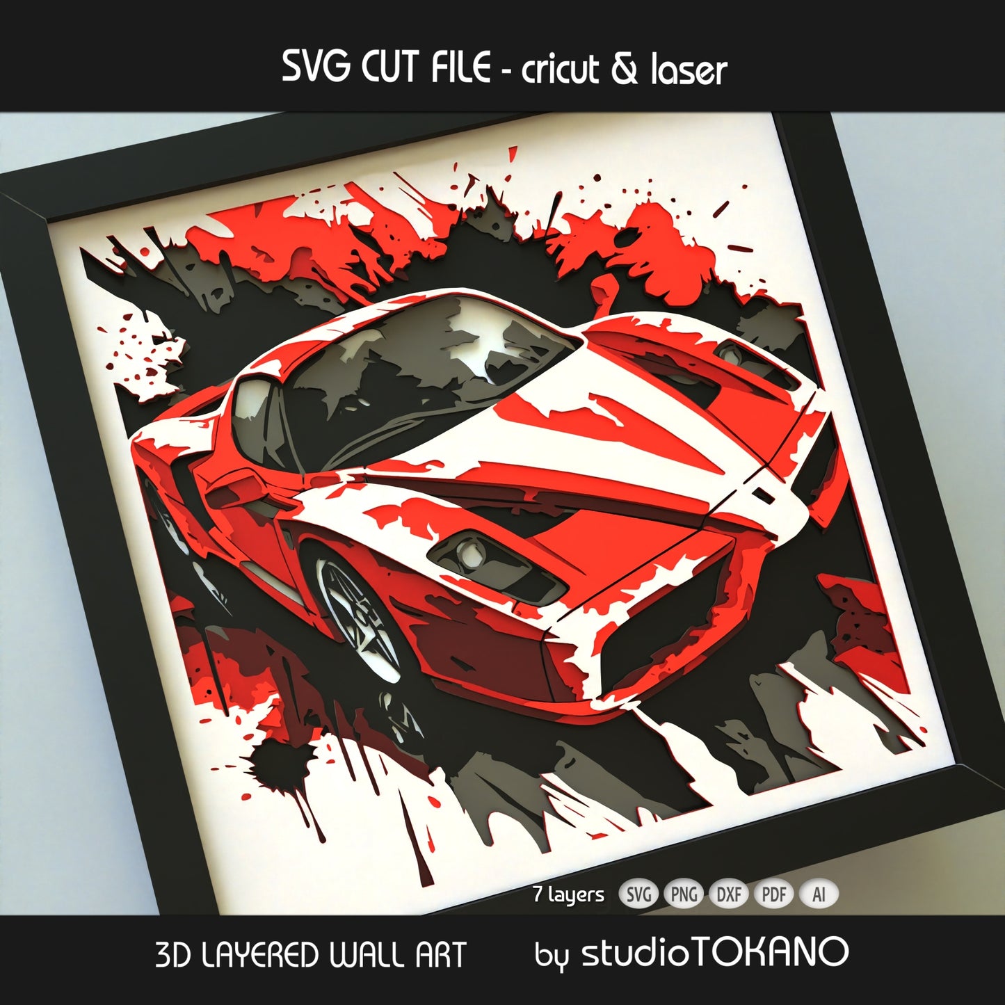 LaFerrari layered SVG shadow box with sharp sports car lines, stacked cardstock layers, and strong dimensional 3D depth.