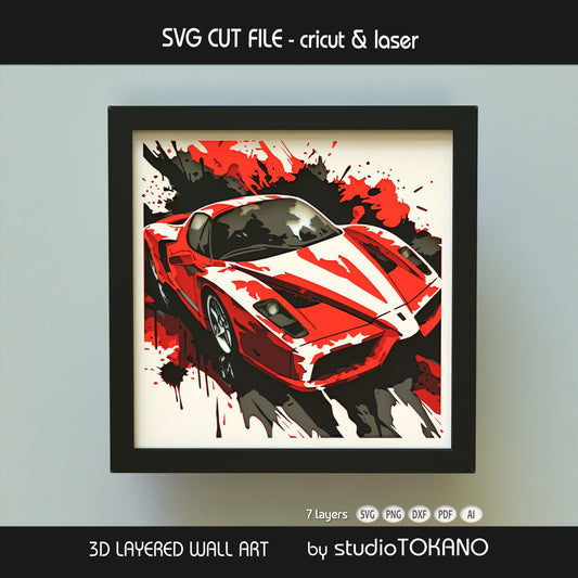 Sporty LaFerrari shadow box cut file shown with stacked cardstock layers, clean 3D depth, and a speed-inspired design.