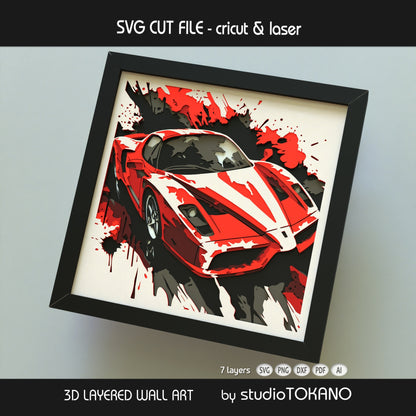 Supercar digital download with layered cut file formats including SVG, DXF, PDF, PNG, and AI for Cricut and laser cut assembly.