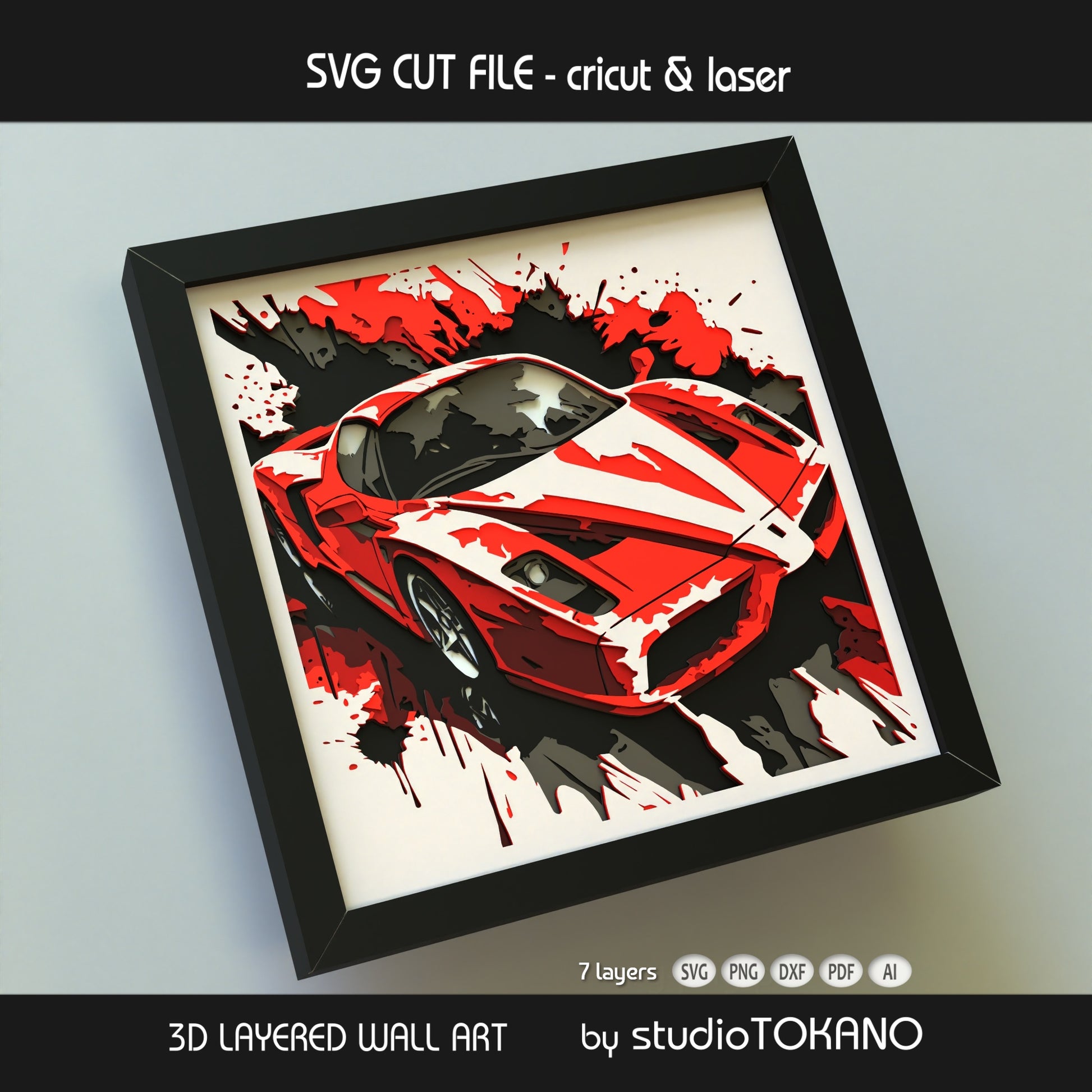 Finished LaFerrari layered papercut design shown as framed supercar wall art for garage decor, man cave decor, and automotive crafts.
