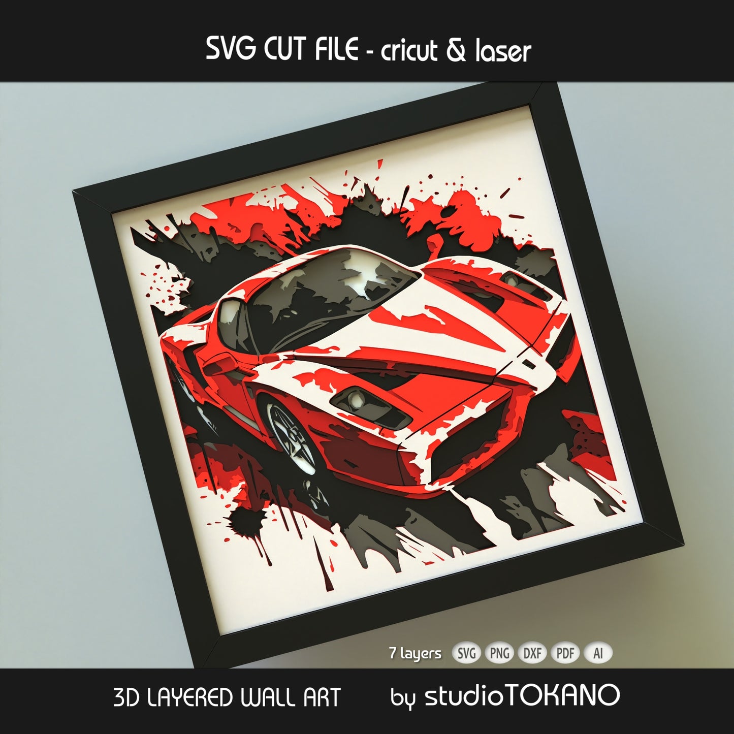 LaFerrari shadow box SVG with a sleek, fast car composition, layered depth, and bold automotive wall art style.
