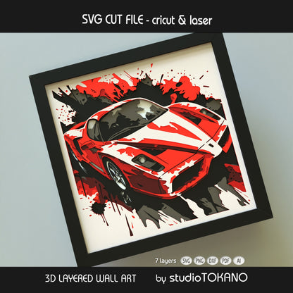 LaFerrari shadow box SVG with a sleek, fast car composition, layered depth, and bold automotive wall art style.