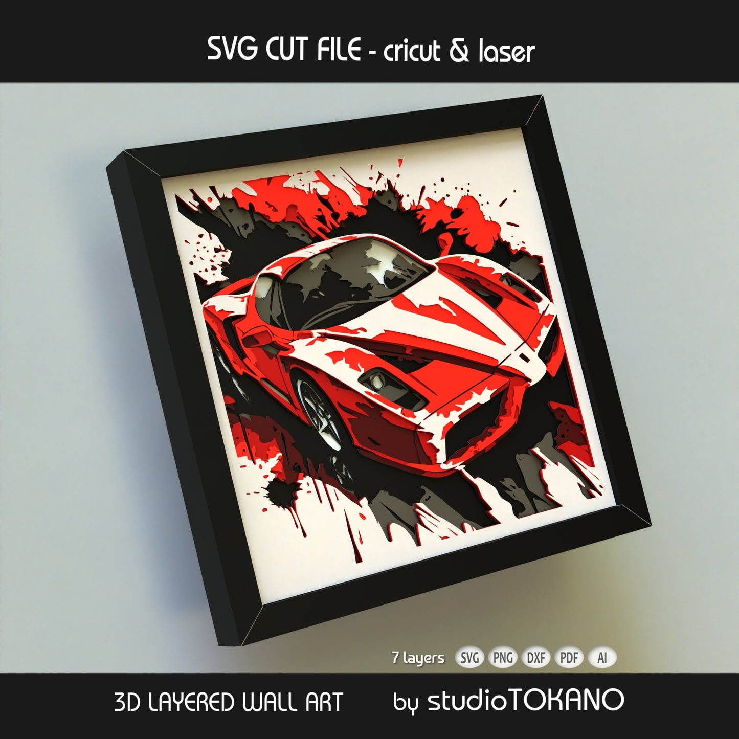 Modern hypercar 3D layered wall art in cardstock, shown as a shadow box SVG for garage decor and car lovers.