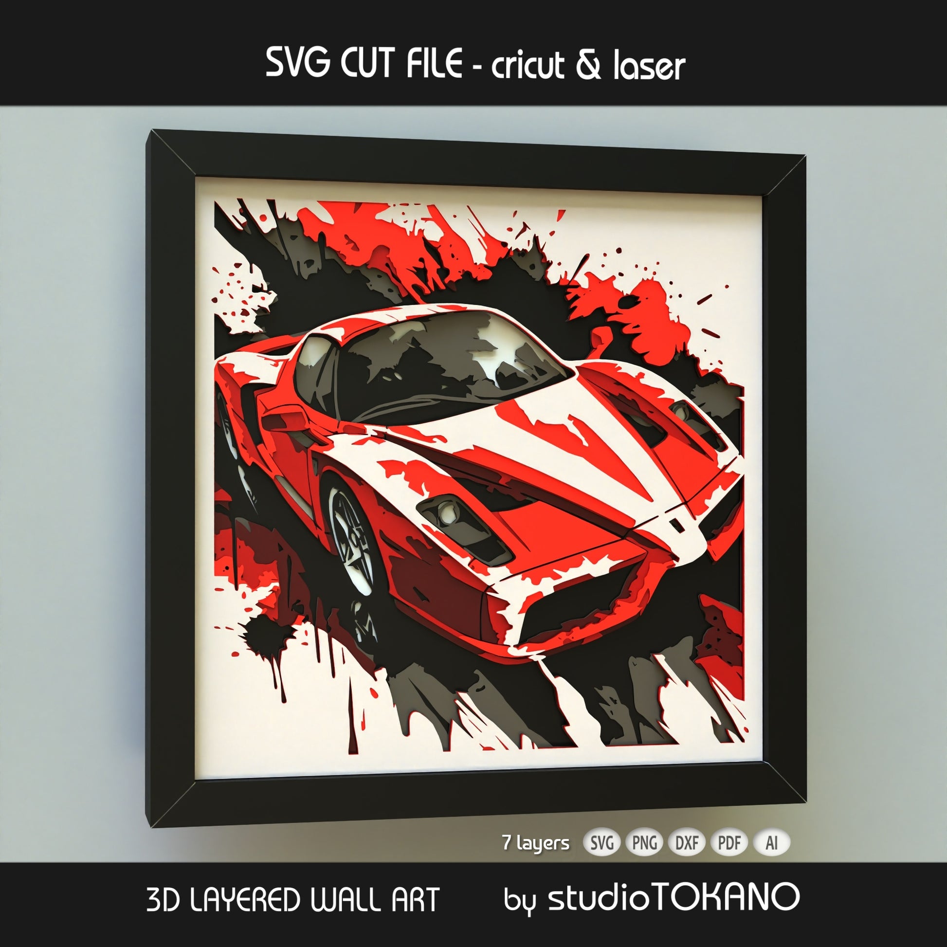 Ferrari-style supercar papercut SVG design shown as framed multilayer car wall art for Cricut, Glowforge, xTool, and laser cutters.