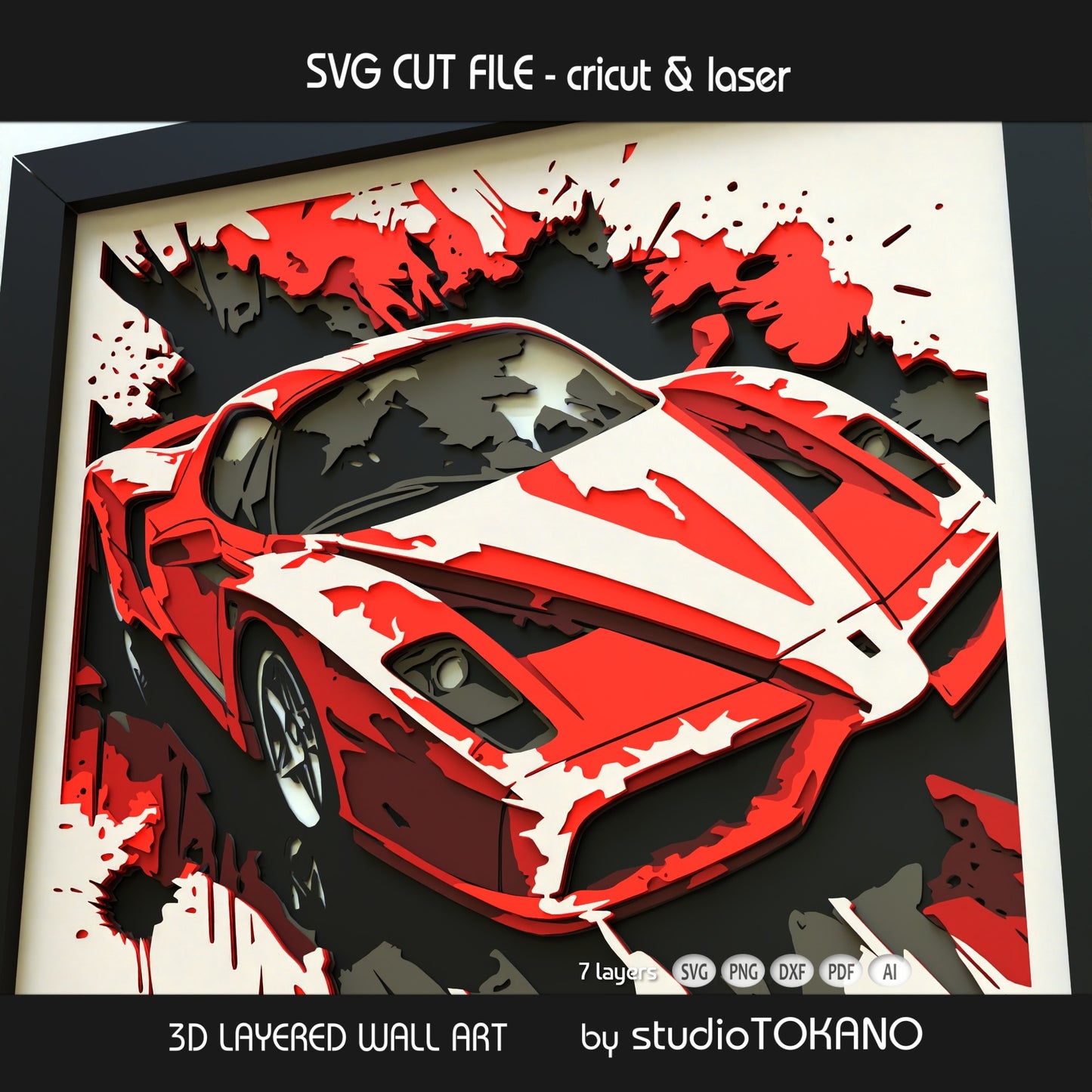 Ferrari-style supercar layered mandala style car wall art for Cricut, Glowforge, xTool, and laser cutters.