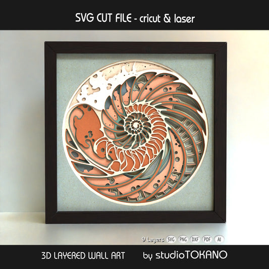 Nautilus Shell shadow box SVG shown as finished 9-layer 3D layered papercut wall art in cardstock for Cricut and laser cutting.