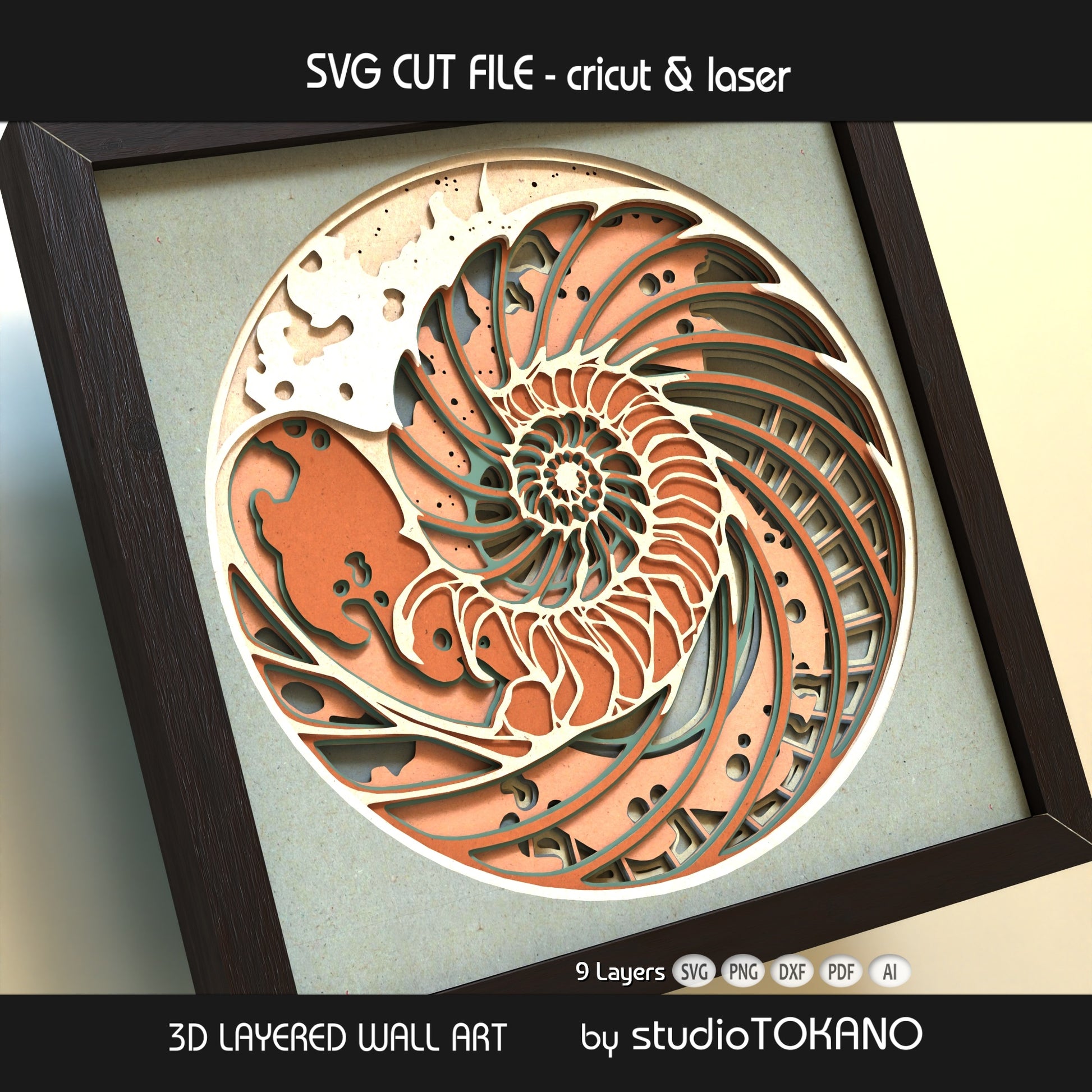 Finished Nautilus Shell 3D papercut wall art shown in a frame, designed as a layered cardstock shadow box with ocean, seashell, and spiral detail.