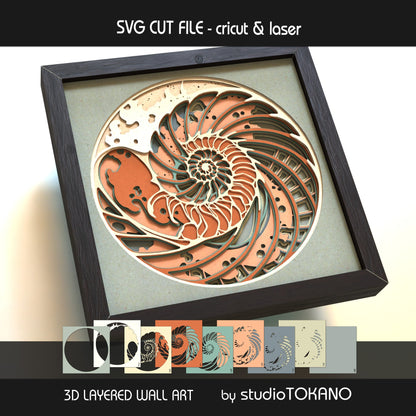 Nautilus Shell shadow box SVG with all 9 layers separated to show the multilayer papercut build and file structure.