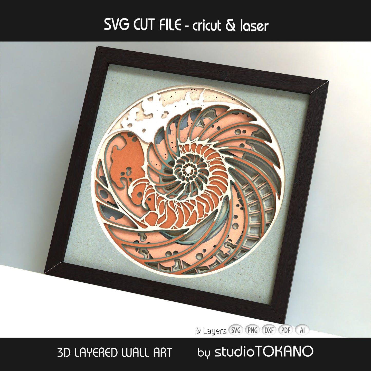 Nautilus papercut SVG design shown as ocean-inspired multilayer wall art for Cricut, Glowforge, xTool, and laser cutters.
