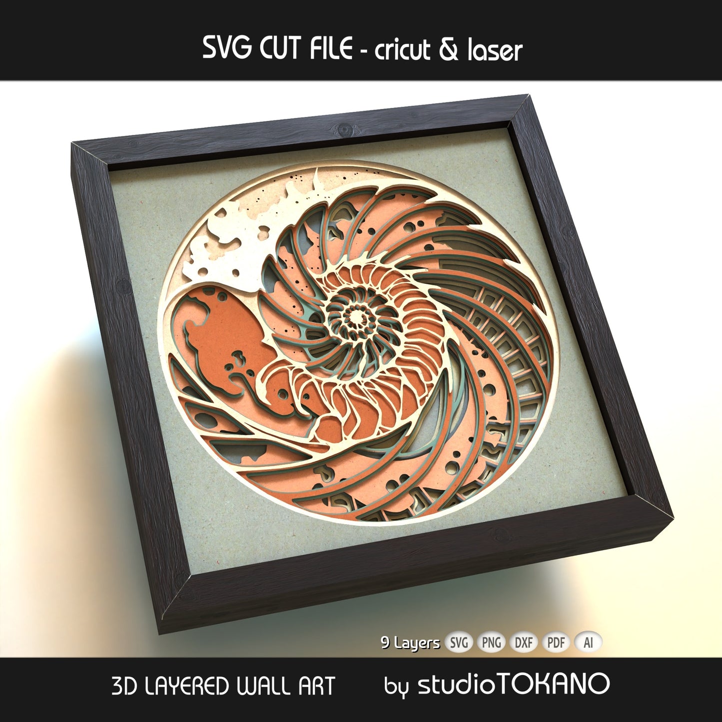 Nautilus Shell layered shadow box shown in a coral and soft blue cardstock palette with an organic ocean-inspired look.
