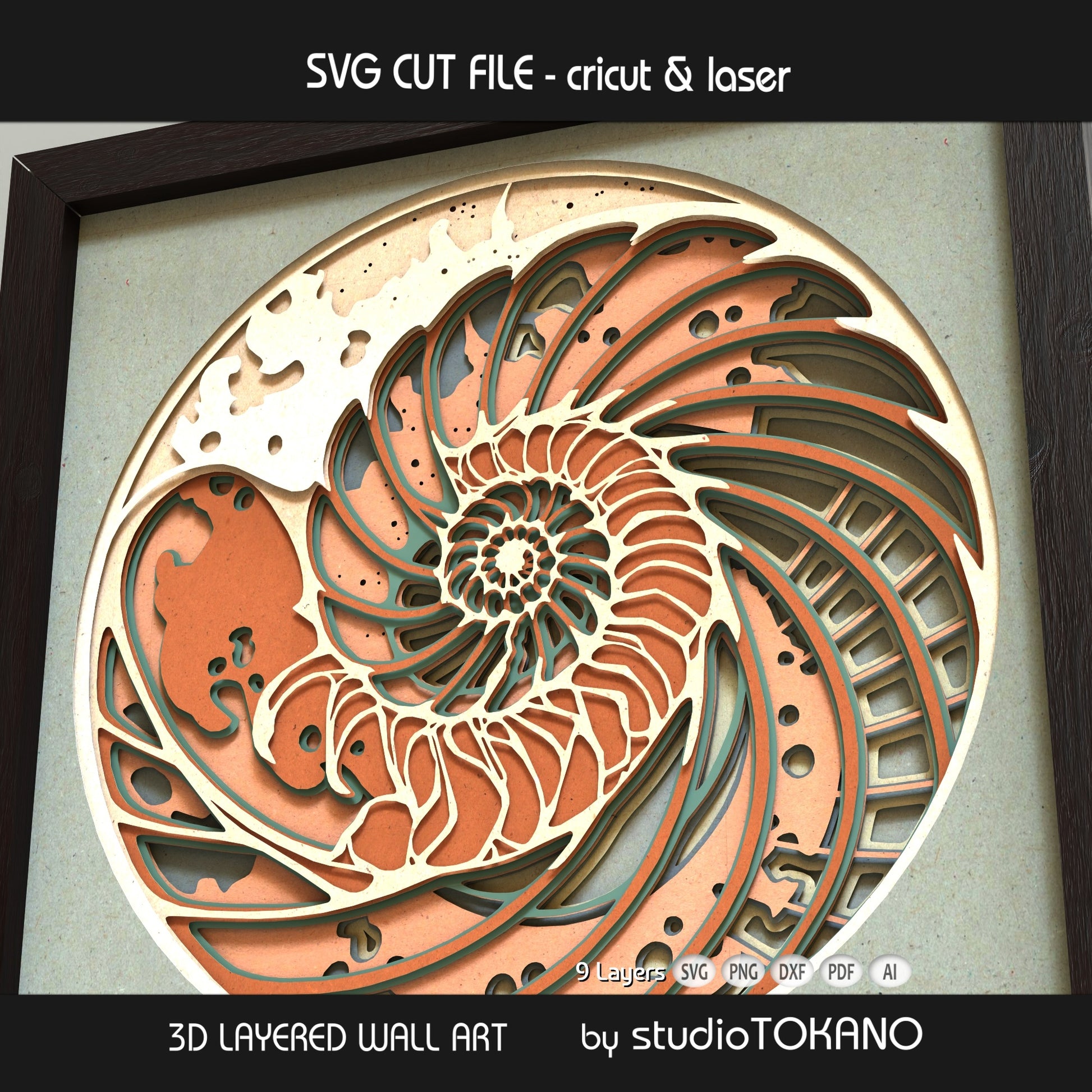 Angled view of the Nautilus Shell 3D layered wall art showing depth, shadow, and the stacked papercut construction.