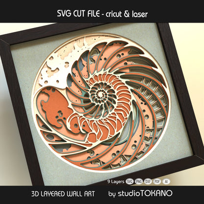 Nautilus Shell digital download with layered cut file formats including SVG, DXF, PDF, PNG, and AI for Cricut and laser cutting projects.