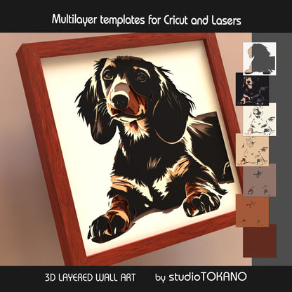 Dachshund shadow box SVG layer guide showing the separate papercut layers and color arrangement for Cricut and laser cut assembly.