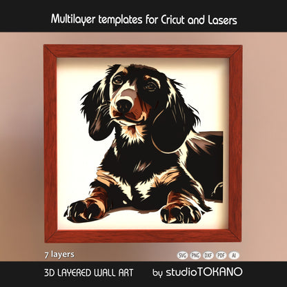 Dachshund shadow box SVG shown as 7-layer 3D dog portrait wall art for Cricut, Silhouette, Glowforge, xTool, and laser cutting.