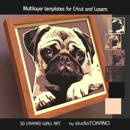 Pug shadow box SVG layer guide showing the separate papercut layers and color arrangement for Cricut and laser cut assembly.