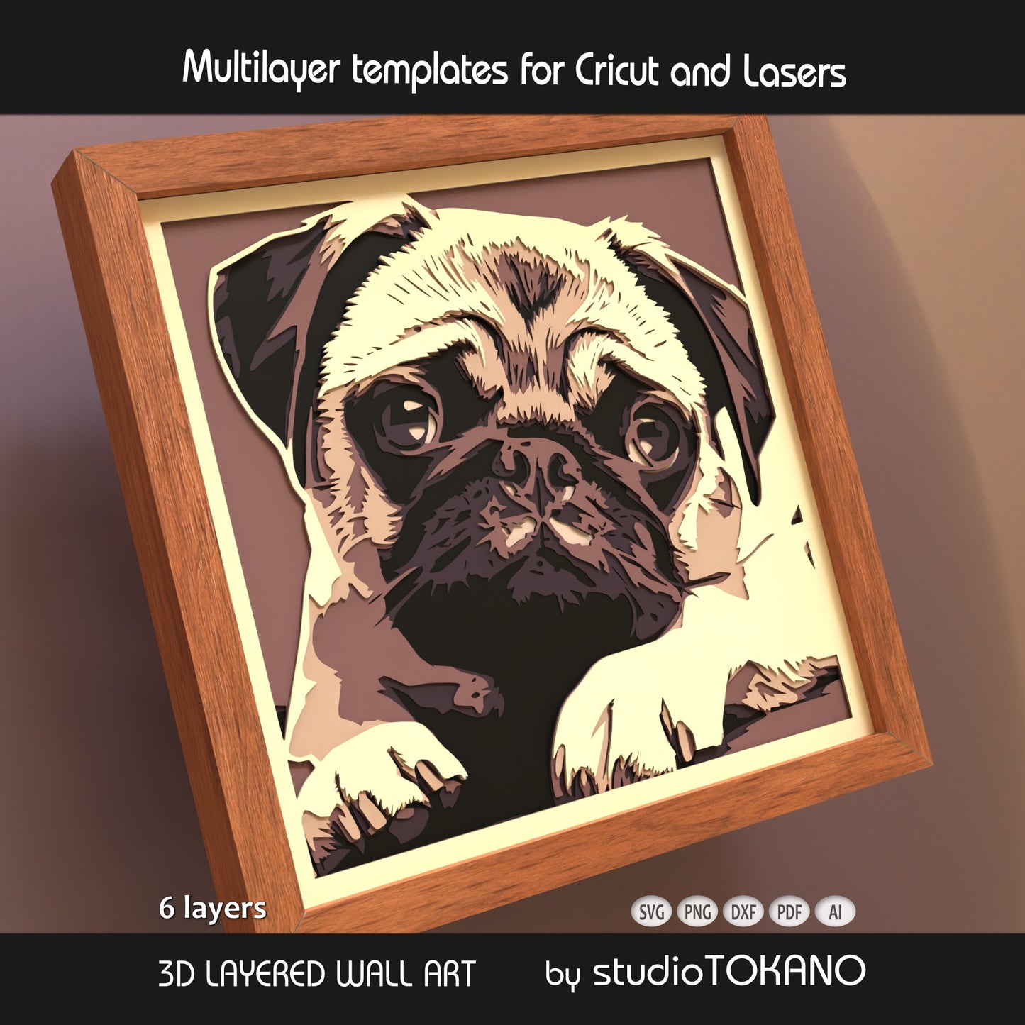 Pug Shadow Box SVG | Cute Dog Portrait 6 layer Cut File | Cricut & Laser