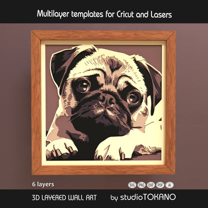 Pug shadow box SVG shown as 3D layered dog portrait wall art for Cricut, Silhouette, Glowforge, xTool, and laser cutting.