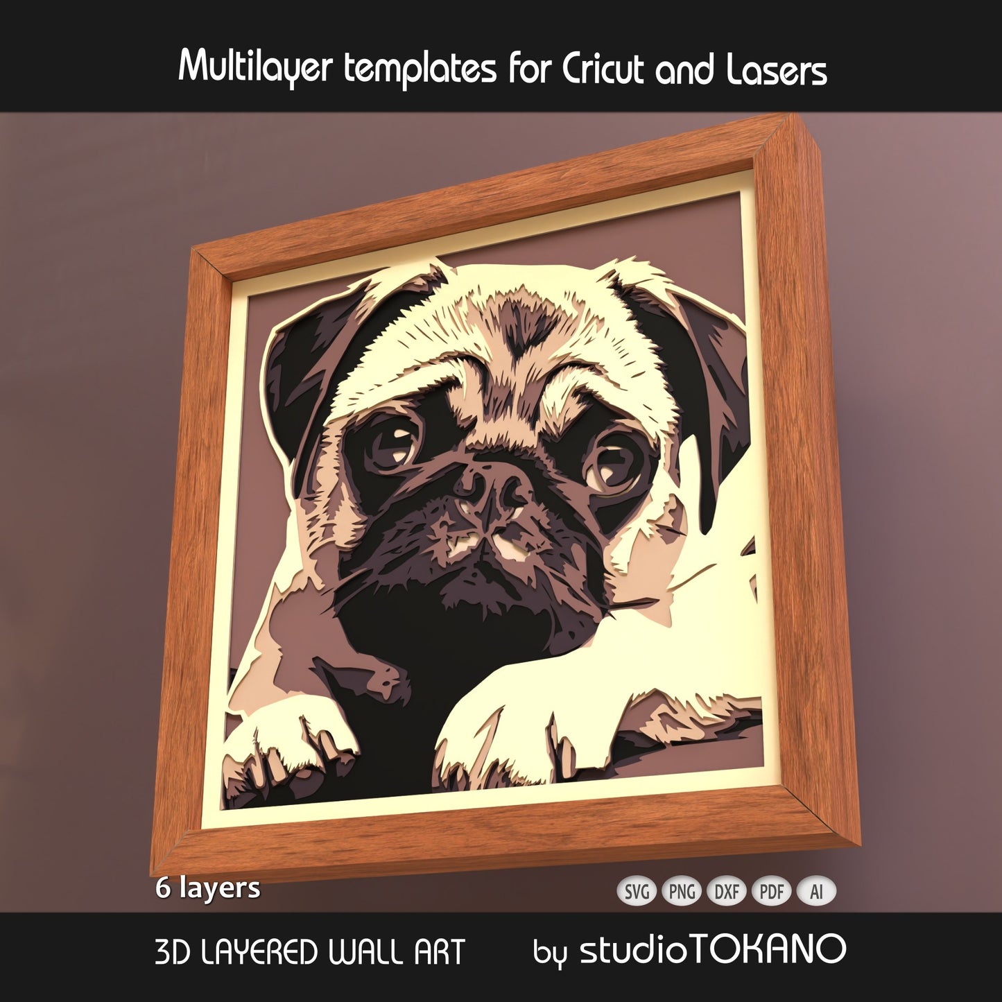 Pug Shadow Box SVG | Cute Dog Portrait 6 layer Cut File | Cricut & Laser
