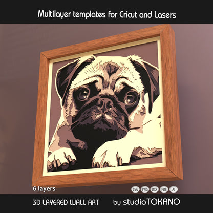 Pug Shadow Box SVG | Cute Dog Portrait 6 layer Cut File | Cricut & Laser
