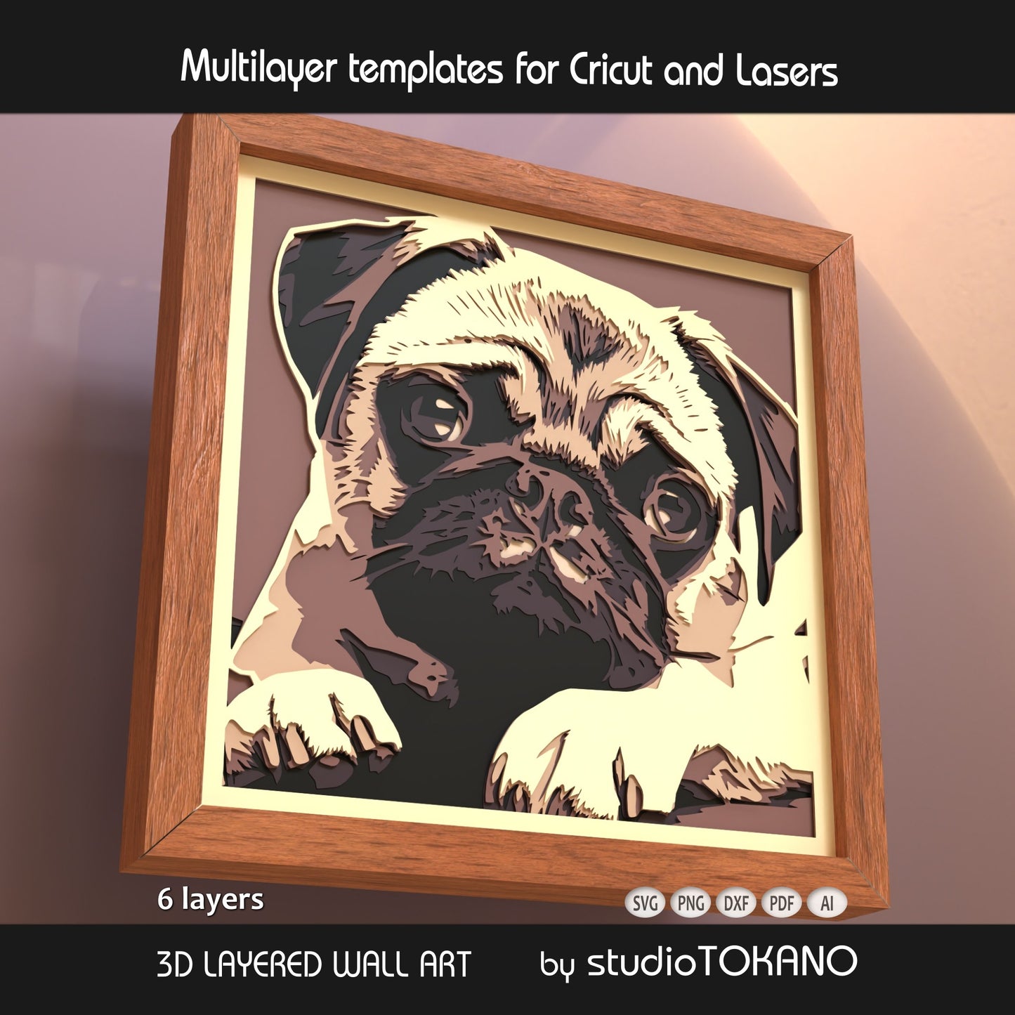 Pug Shadow Box SVG | Cute Dog Portrait 6 layer Cut File | Cricut & Laser