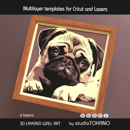 Pug Shadow Box SVG | Cute Dog Portrait 6 layer Cut File | Cricut & Laser